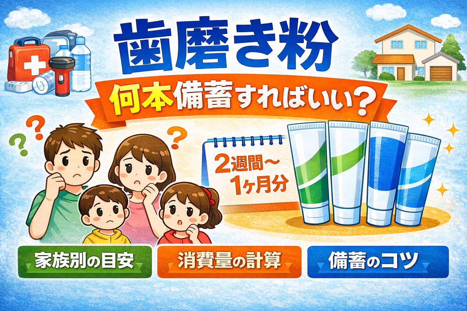 歯磨き粉は何本備蓄すればいい？目安は2週間〜1ヶ月分【家族別に解説】