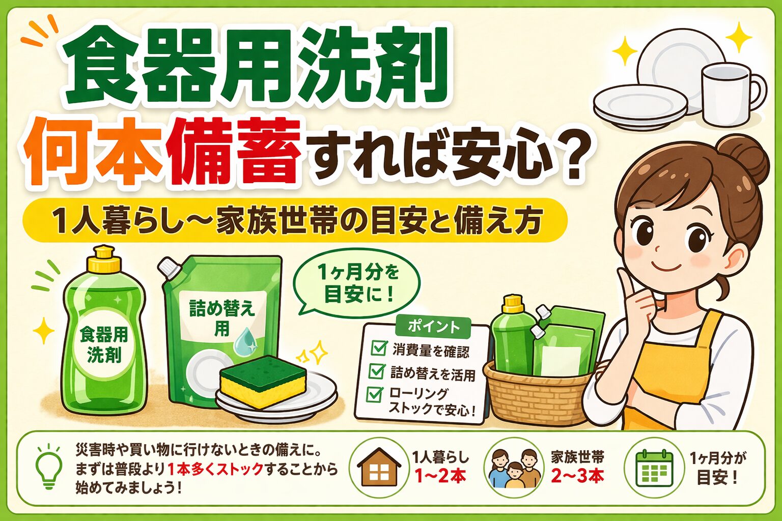 食器用洗剤は何本備蓄すれば安心？1人〜家族別の目安と1ヶ月分の計算方法を解説
