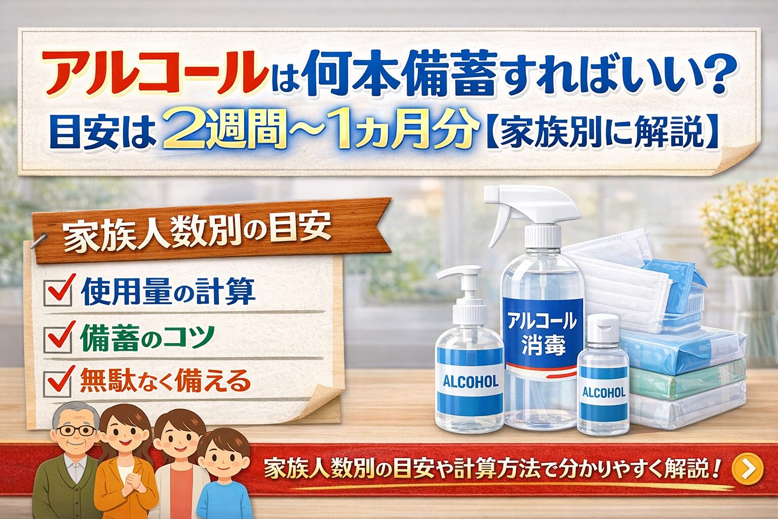 アルコールは何本備蓄すればいい？目安は2週間〜1ヶ月分【家族別に解説】