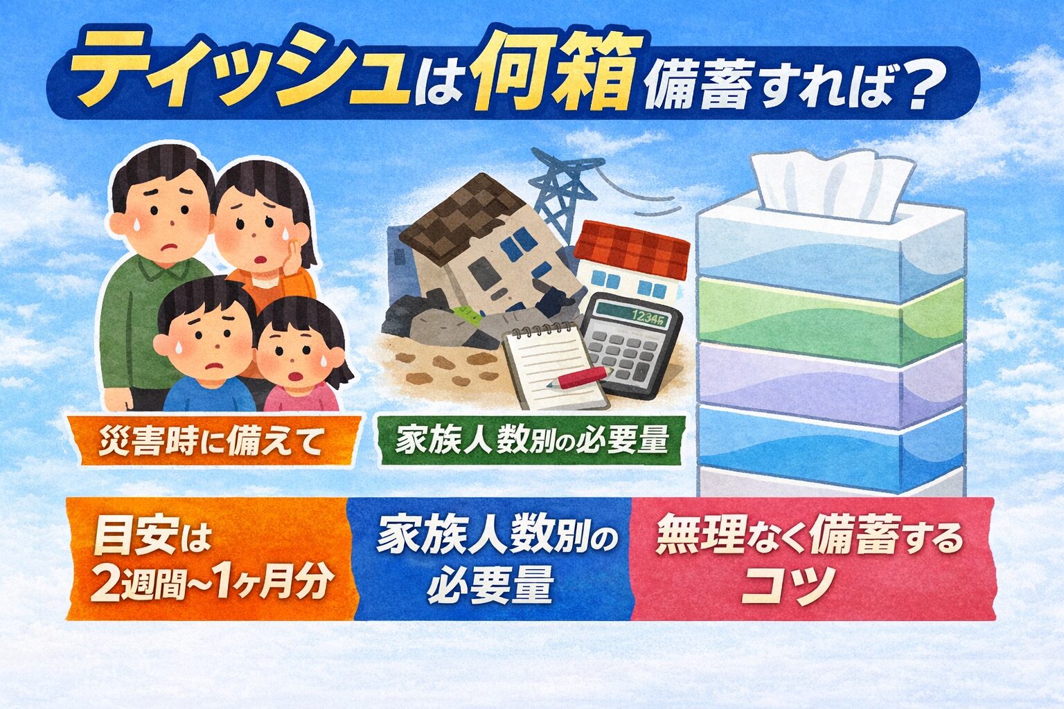 ティッシュは何箱備蓄すればいい？目安は2週間〜1ヶ月分【家族別に解説】
