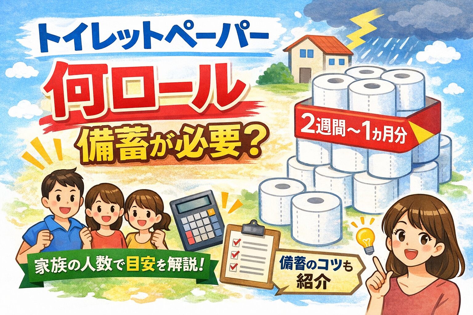トイレットペーパーは何ロール備蓄すればいい？目安は2週間〜1ヶ月分【家族別に解説】
