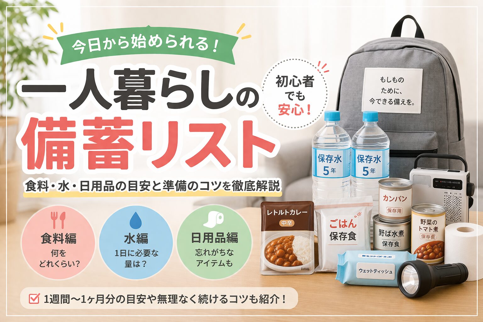 一人暮らしの備蓄リストはこれ！最低限から1ヶ月分まで分かりやすく解説